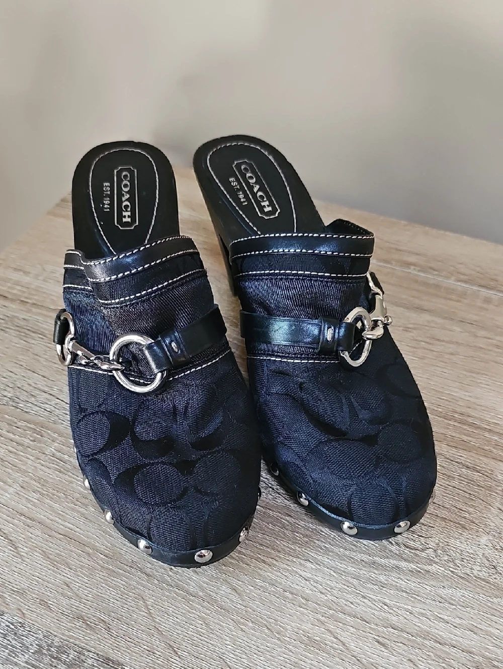Coach Sutton Black Signature Logo Clog Mules with Silver Hardware